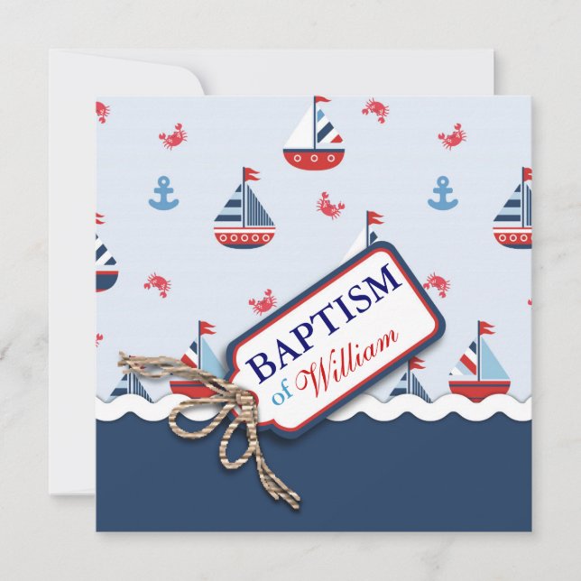 Nautical Sailboats Anchor Crabs Baptism Invitation (Front)