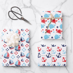 Nautical Sailboats, Anchors and Whales Pattern Wrapping Paper Sheet