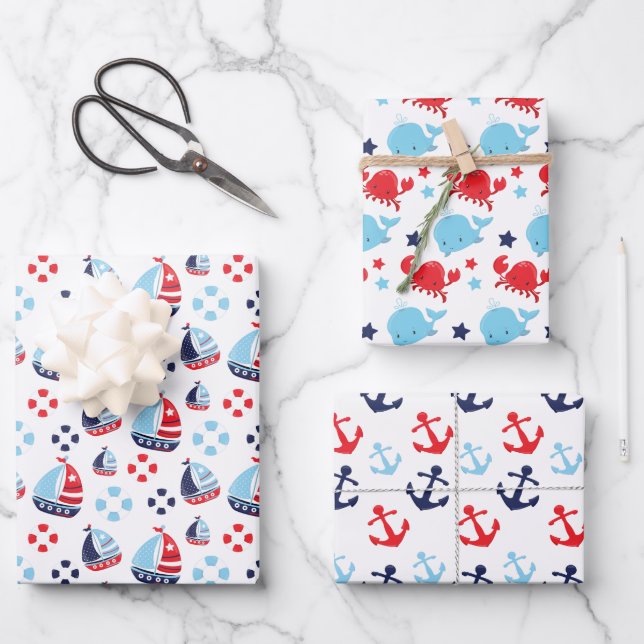 Nautical Sailboats, Anchors and Whales Pattern Wrapping Paper Sheet (Front)