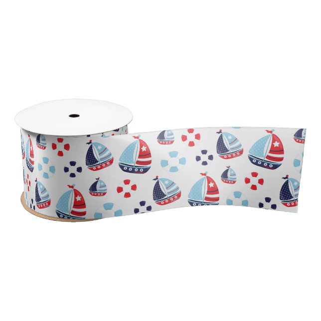 Nautical Sailboats and Ring Buoys Pattern Satin Ribbon (Spool)
