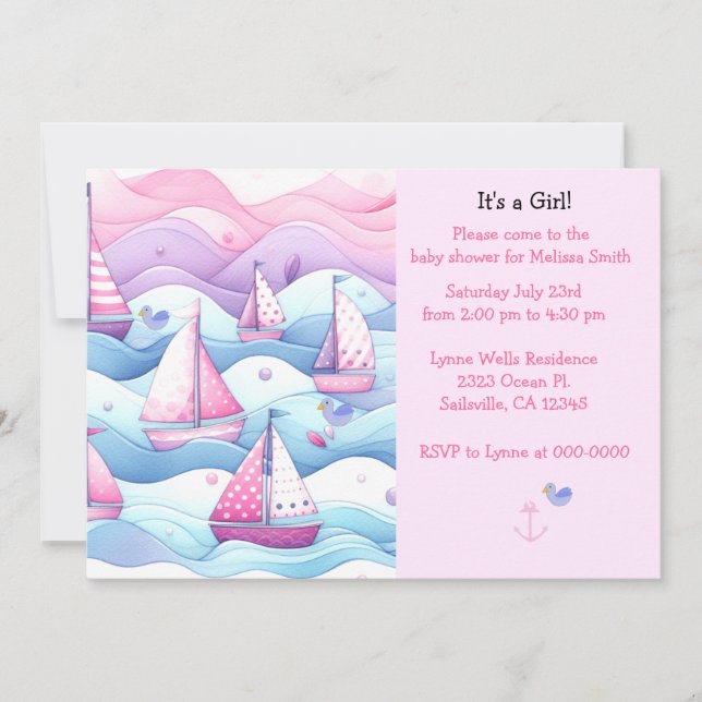 Nautical Sailboats Baby Girl Shower Invitation (Front)