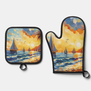 Nautical Sailboats Sunset Tropical Beach Oven Mitt & Pot Holder Set