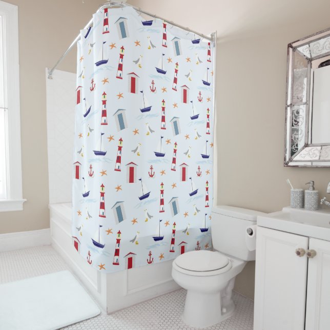 nautical sailing boat lighthouse beach hut pattern shower curtain (In Situ)