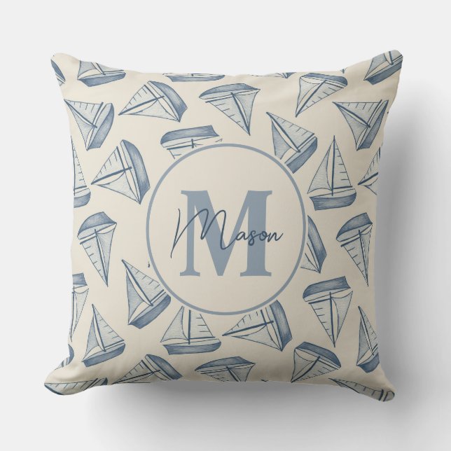 Nautical Sailing Boats | Custom Name & Monogram Cushion (Front)