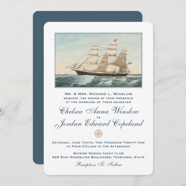 Nautical Sailing Clipper Ship | Classic Wedding Invitation (Front/Back)