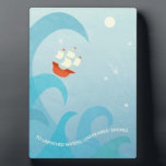 Nautical Sailing Quote Blue Plaque<br><div class="desc">To unpathed waters,  undreamed shores. A motivational quotation from Shakespeare.
A sailing ship sits on top of an ocean wave below a sky of stars.  Perfect for sailors,  travellers and adventurers everywhere.</div>