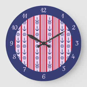 Nautical Sailing Red Blue Boat Anchor  Large Clock