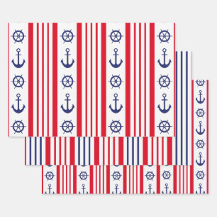 Nautical Sailing Red White Blue Stripes Anchor  Wrapping Paper Sheet