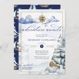 Nautical Sailing Ship New Adventure Baby Shower In Invitation