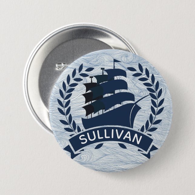 Nautical Sailing Ship | Ocean Waves Personalised 7.5 Cm Round Badge (Front & Back)