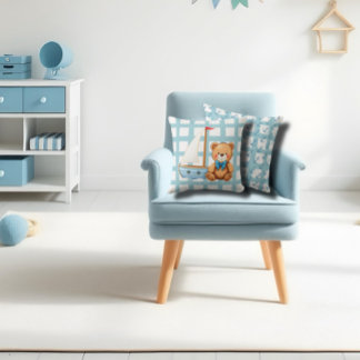 Nautical sailing teddy bear and anchors cushion