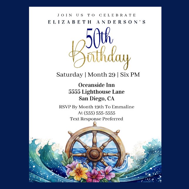 Nautical Sailing Wheel 50th Birthday Invitation (Nautical sailing wheel ocean waves floral 50th birthday invitation in navy blue and gold
)