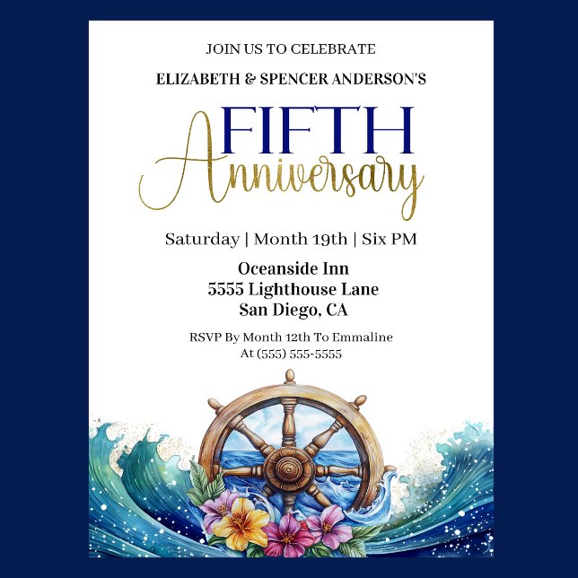 Nautical Sailing Wheel 5th Wedding Anniversary Invitation (Nautical 5th wedding anniversary invitation with navy blue and gold text, ship wheel and ocean wave)