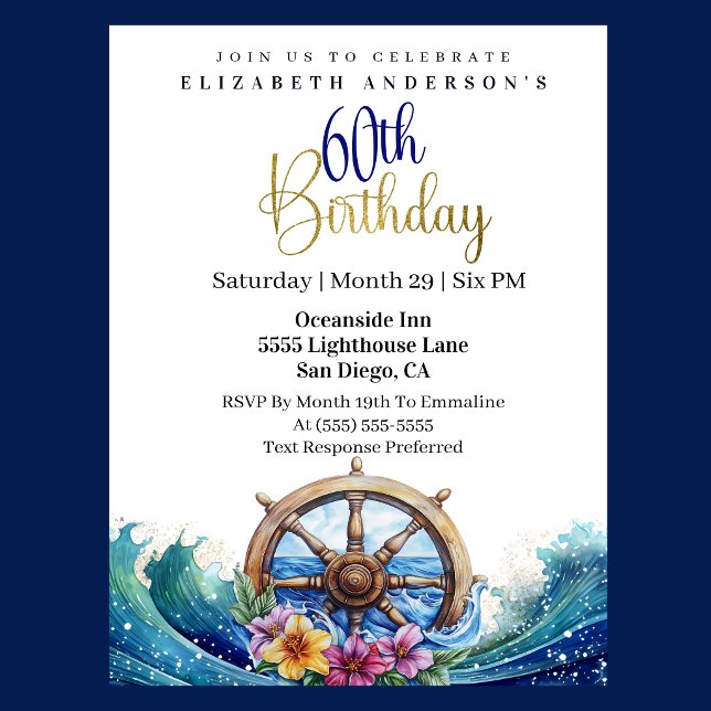 Nautical Sailing Wheel 60th Birthday Invitation (Nautical sailing wheel ocean waves floral 60th birthday invitation in navy blue and gold
)