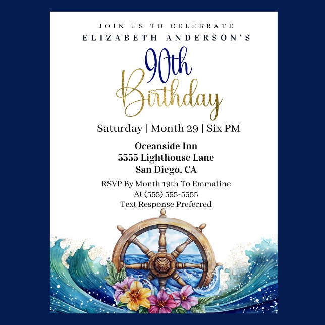 Nautical Sailing Wheel 90th Birthday Invitation (Nautical sailing wheel ocean waves floral 90th birthday invitation in navy blue and gold
)