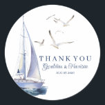 Nautical Sailing Yacht Wedding Thank You Sticker<br><div class="desc">The navy blue design features an elegant watercolor sailing yacht and seagulls for your nautical wedding. You can easily personalise your details by simply pressing the "customise it" button for your perfect wedding.</div>