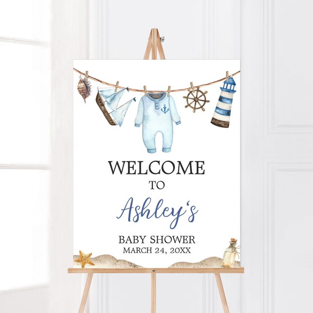 Nautical Sailor Ahoy Baby Shower Welcome Poster (Nautical Ahoy Baby Shower Welcome Sign)