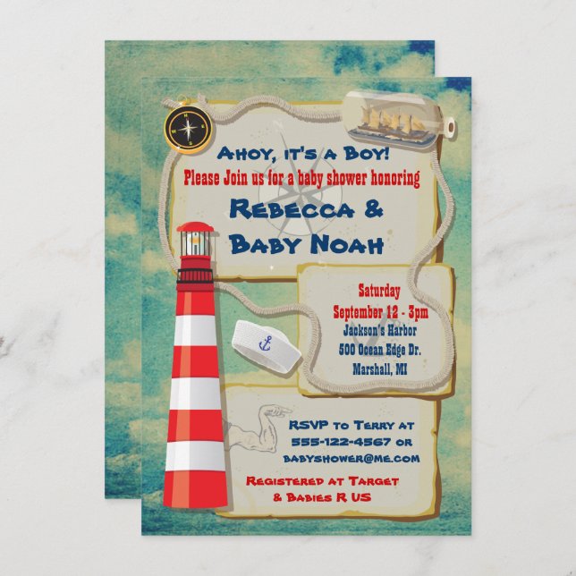 Nautical Sailor Baby Shower Invitations (Front/Back)