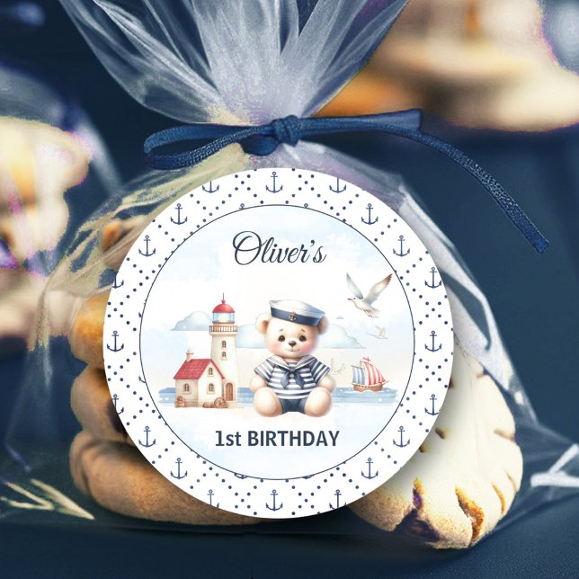 Nautical Sailor Bear 1st Birthday Anchor Classic Round Sticker (Nautical Sailor Bear 1st Birthday Anchor Classic Round Sticker)