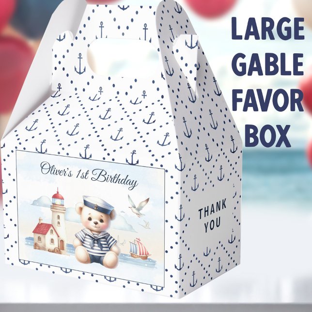 Nautical Sailor Bear 1st Birthday Large Gable Favour Box (Sailor Bear Large Gable Favor Boxes -  You can choose from 3 sizes of these gable favor boxes)