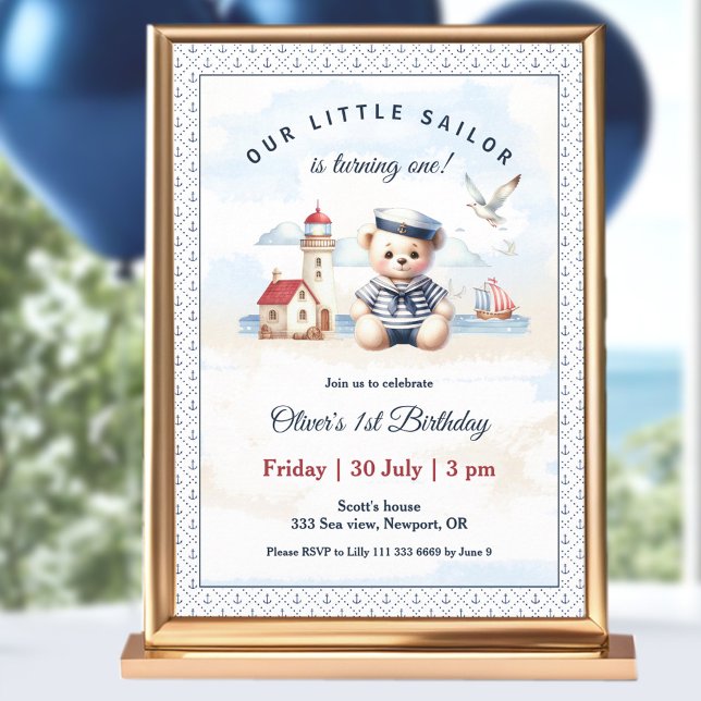 Nautical Sailor Cute Bear 1st Birthday Invitation (Nautical Sailor Cute Bear 1st Birthday Invitation)
