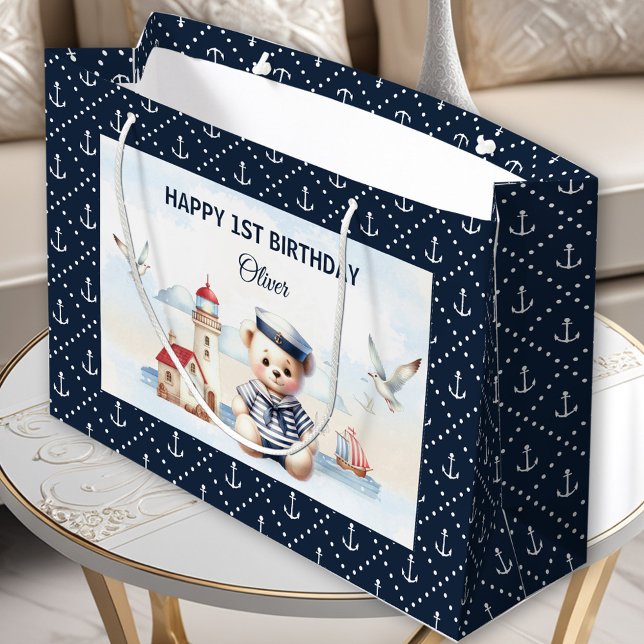 Nautical Sailor Cute Bear Navy Boy 1st Birthday Large Gift Bag (Nautical Sailor Cute Bear Navy Boy 1st Birthday Large Gift Bag)