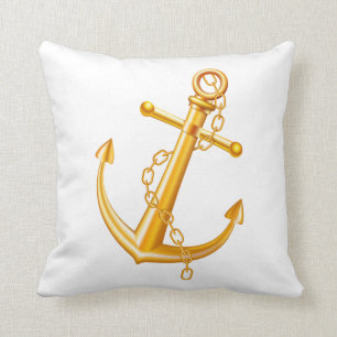 Nautical Sailor Ocean Beach Gold Anchor  Cushion
