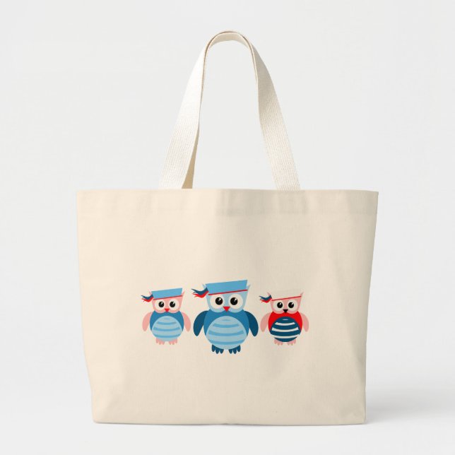 Nautical Sailor Owls Large Tote Bag (Front)