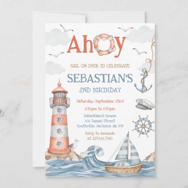 Nautical Sailor Theme Birthday Invitation (Front)