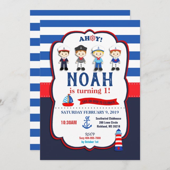 Nautical Sailors Boys Invitations (Front/Back)