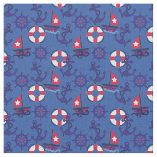 Nautical Salboats and Anchors Navy Blue, Red Fabric