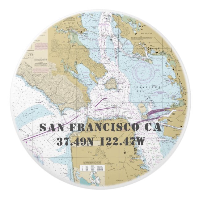 Nautical San Francisco CA Latitude Longitude Chart Ceramic Knob (Front)