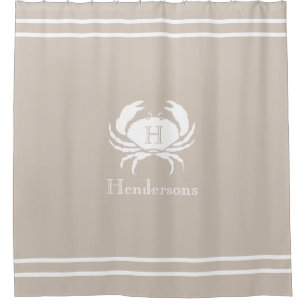 Nautical Sand Tan Taupe White Crab Monogram Name Shower Curtain