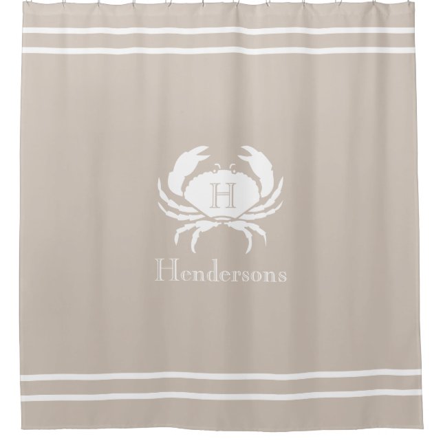 Nautical Sand Tan Taupe White Crab Monogram Name Shower Curtain (Front)