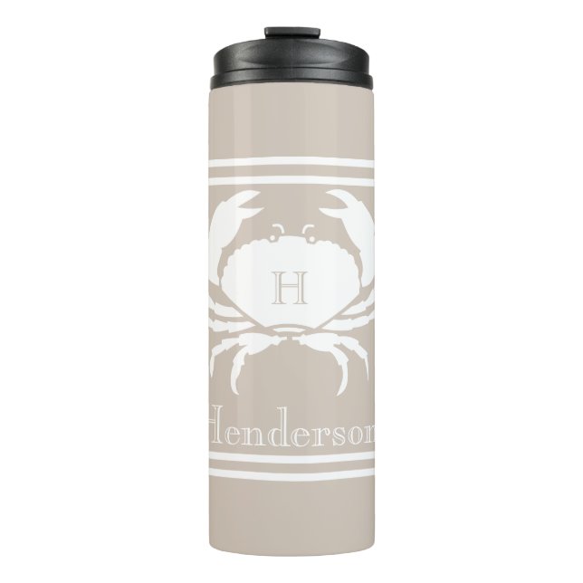 Nautical Sand Tan Taupe White Crab Monogram Name  Thermal Tumbler (Front)