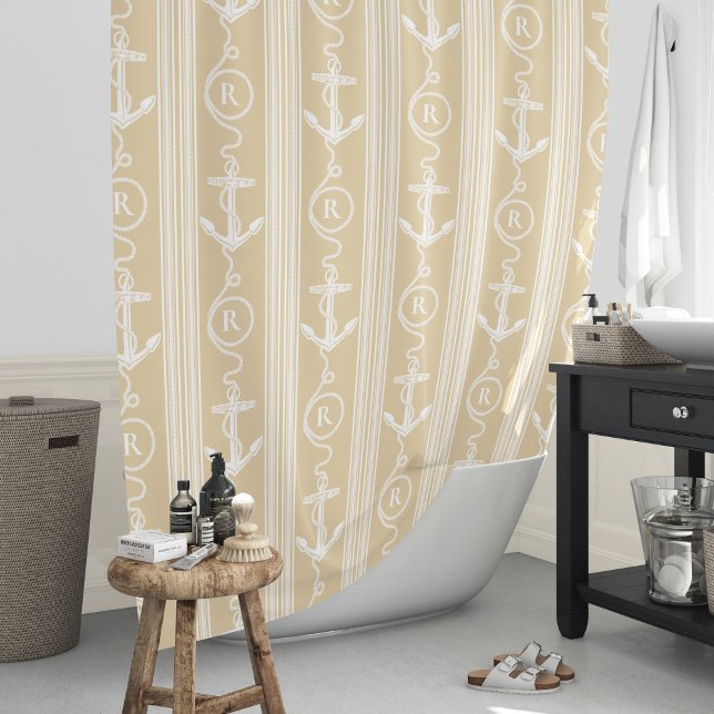 Nautical Sand White Anchor Rope Monogram Shower Curtain (Creator Uploaded)