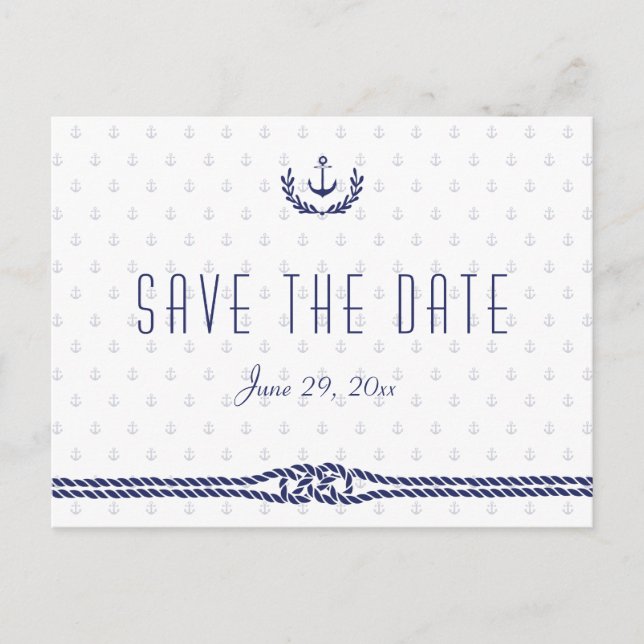 Nautical Save The Date White with Anchors Announcement Postcard (Front)