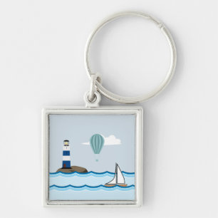 Nautical Scene with Lighthouse and Sailboat Key Ring
