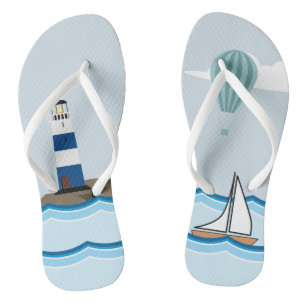 Nautical Scene with Lighthouse and Sailboat Thongs