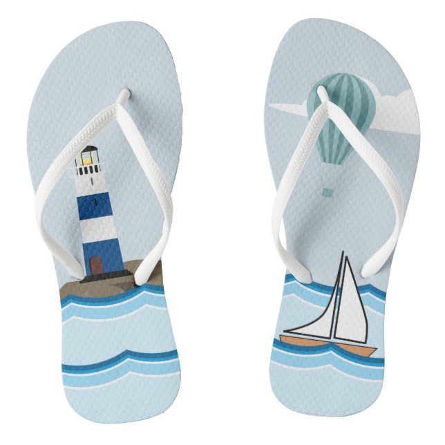 Nautical Scene with Lighthouse and Sailboat Thongs (Footbed)