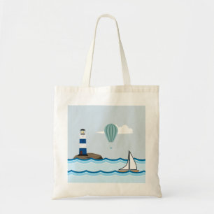 Nautical Scene with Lighthouse and Sailboat Tote Bag