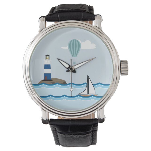 Nautical Scene with Lighthouse and Sailboat Watch (Front)