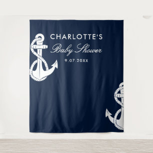 Nautical Script Baby Shower Navy Blue Backdrop Tapestry