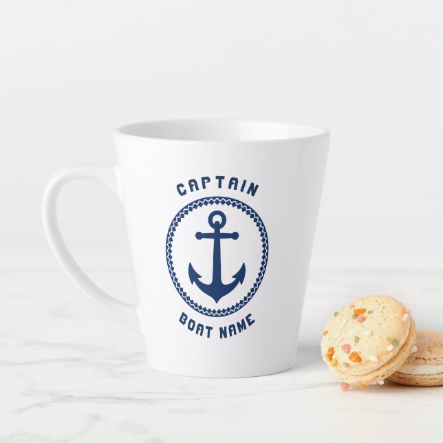 Nautical Sea Anchor Captain & Boat or Name 2 Sided Latte Mug (In Situ)
