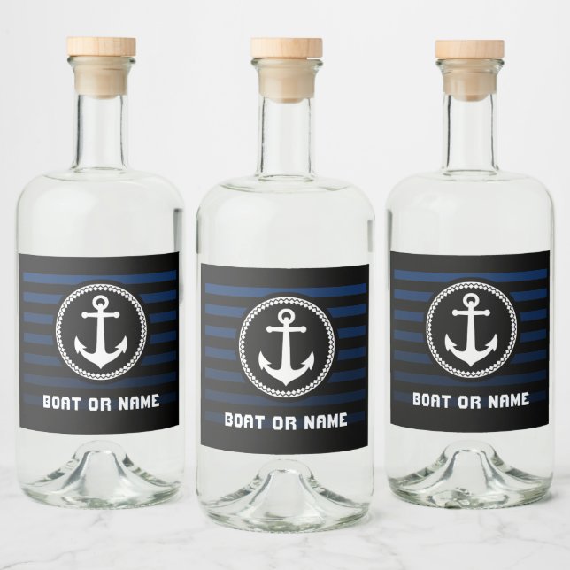 Nautical Sea Anchor Captain Name and Boat striped Liquor Bottle Label (Bottles)