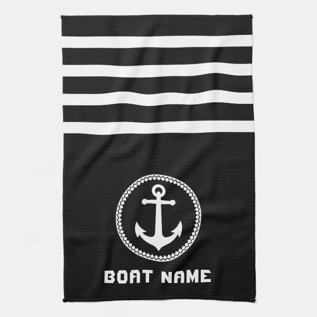 Nautical Sea Anchor Your Boat Name on Navy Black Tea Towel (Vertical)