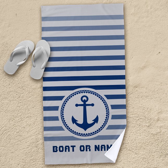 Nautical Sea Anchor Your Name or Boat Blue & Grey Beach Towel (Creator Uploaded)