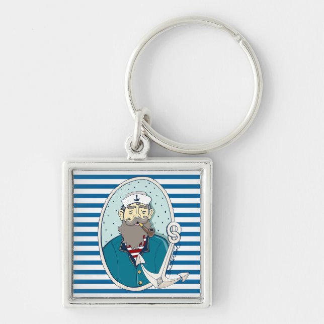 Nautical Sea Captain Blue and White Stripe Key Ring (Front)
