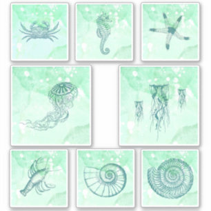 Nautical Sea Creature Watercolor Sticker Set