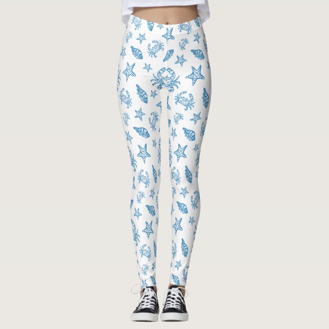 Nautical Sea Creatures Doodle Pattern Leggings (Front)